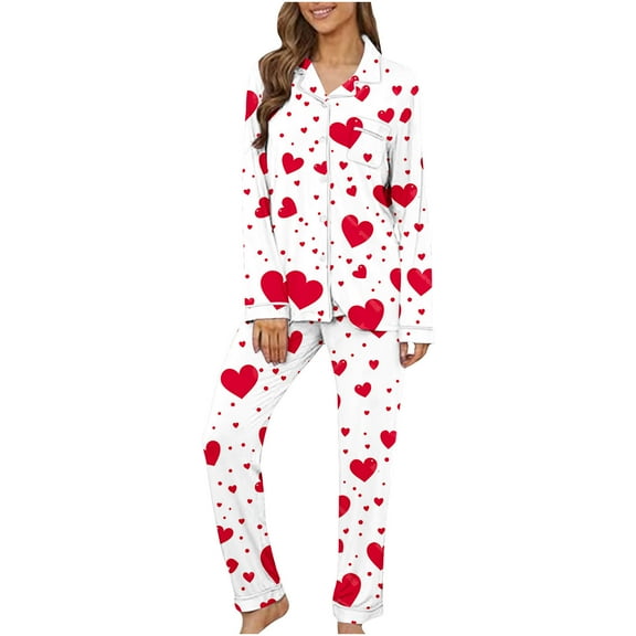 Riecok 2 Piece Pajama Set for Women Long Sleeve Button down Shirts and Pants Heart Print Baggy Soft Sleepwear