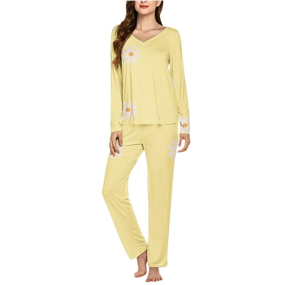 Riecok 2 Piece Pajama Set for Women V Neck PJ Set Long Sleeve Tops and Pants Cute Print Comfortable Soft Sleepwear