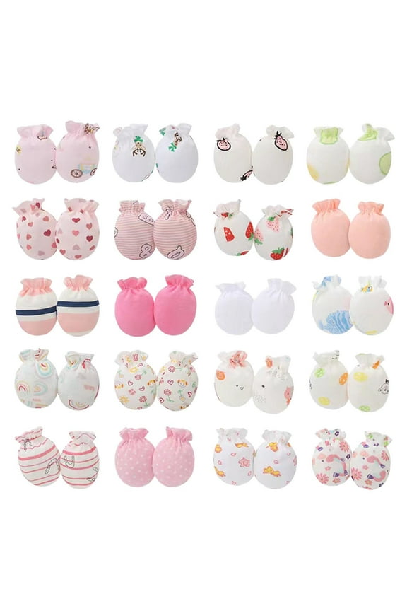 20 Pairs Newborn Scratch Mittens Elastic Wrist Cute Printed Cold Protection Infant Soft Gloves Baby Mittens White Free Size