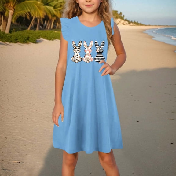 Riecok 2025 Spring Easter Baby Dress Sleeveless Round Neck Floral Print Fly Sleeve Design 6-9M Blue 4 Years