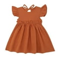 thumbnail image 1 of Riecok Summer Cotton-Linen Flyaway Sleeve Dress Color Round Neck Casual Outfit for Kids Age 2-10 Years Orange 9-10Years, 1 of 2