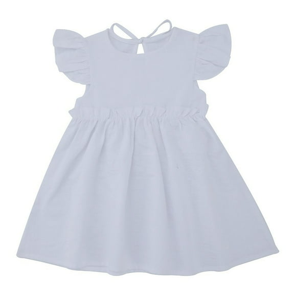 Riecok 2025 Summer Cotton-Linen Flyaway Sleeve Dress Color Round Neck Casual Outfit for Kids Age 2-10 Years White 2-3Years