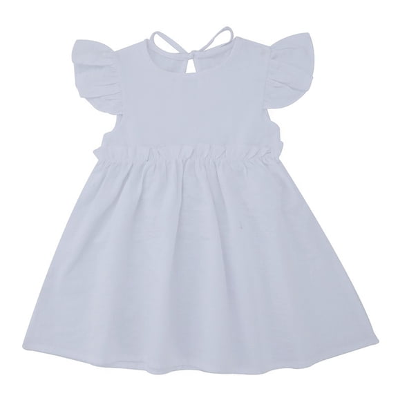 Riecok 2025 Summer Cotton-Linen Flyaway Sleeve Dress Color Round Neck Casual Outfit for Kids Age 2-10 Years White 9-10Years