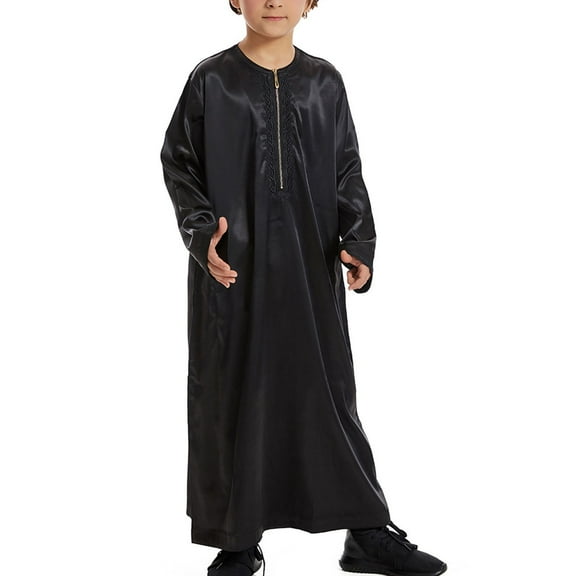 Riecok (3-14 Years) Muslim Boys Embroidered Long Sleeve Robe, Long Sleeve V Neck Ankle Length Dress, Islamic Kids Robe Black 4 Years