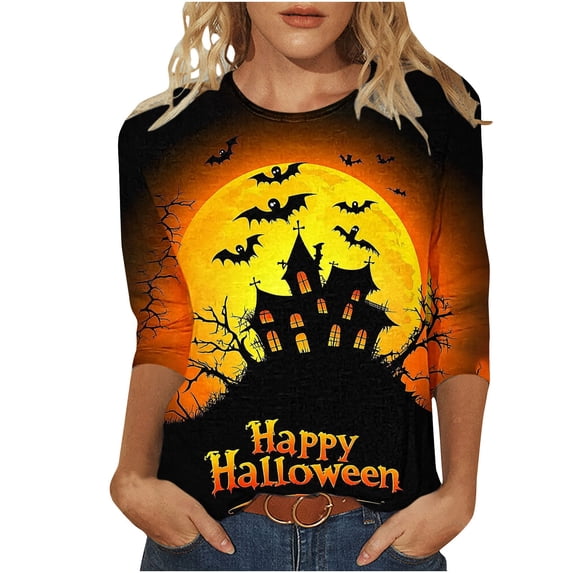 Riecok 3/4 Length Sleeve Women's Shirts Crewneck Castle Printed Tunic Tops Loose Casual Clothes Multicolor M