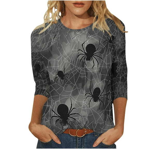 Riecok 3/4 Length Sleeve Women's Shirts Crewneck Spiderweb Printed Tunic Tops Loose Casual Blouses Gray M