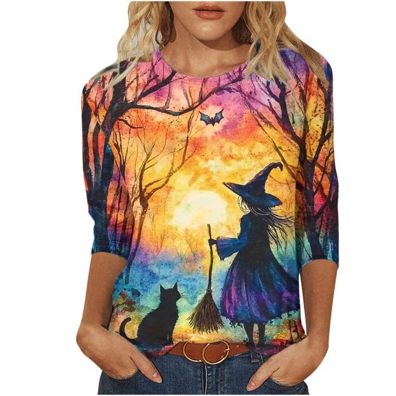 Riecok 3/4 Length Sleeve Women's Shirts Crewneck Witch Printed Tunic Tops Basic Tee Blouses Yellow 2XL