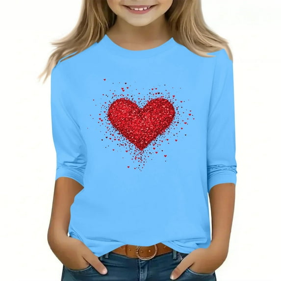 Riecok 3/4 Sleeve Blouses for Girls Valentine's Day Crewneck Shirts Tops Heart Print Versatile Summer Clothes