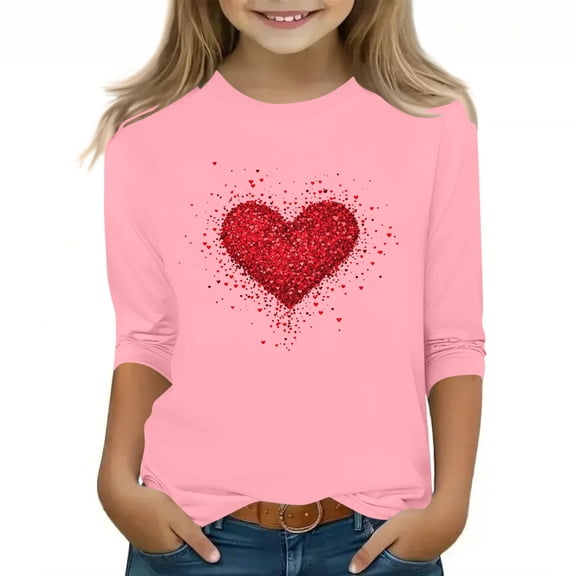Riecok 3/4 Sleeve Blouses for Girls Valentine's Day Crewneck Shirts Tops Heart Print Versatile Summer Clothes