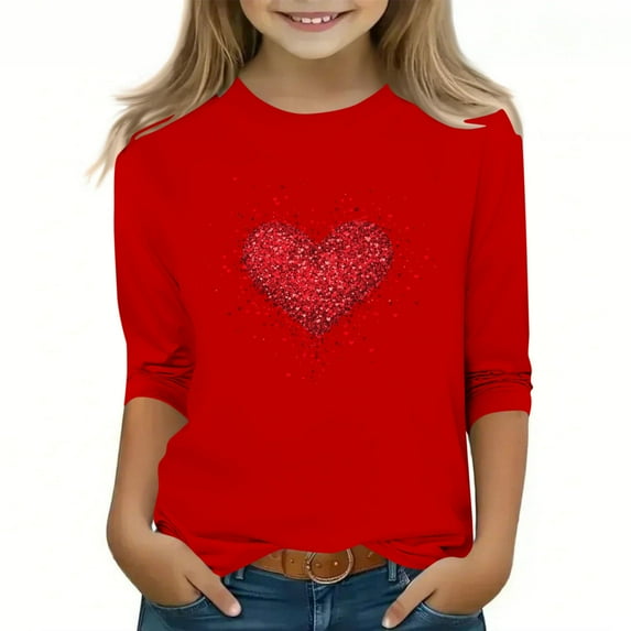 Riecok 3/4 Sleeve Blouses for Girls Valentine's Day Crewneck Shirts Tops Heart Print Versatile Summer Clothes