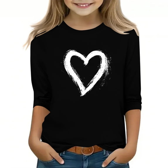 Riecok 3/4 Sleeve Blouses for Girls Valentine's Day Crewneck Shirts Tops Heart Print Versatile Summer Clothes
