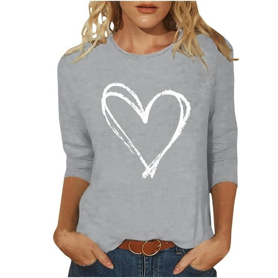 Riecok 3/4 Sleeve Blouses for Women Plus Size Heart Print Crewneck Pullover Tunic Tops Dressy Holiday Tee Shirts