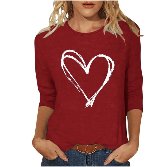 Riecok 3/4 Sleeve Blouses for Women Plus Size Heart Print Crewneck Pullover Tunic Tops Dressy Holiday Tee Shirts