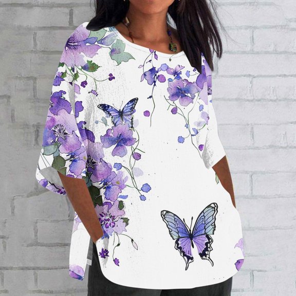 Riecok 3/4 Sleeve Shirts for Women Plus Size Summer Indoor and Outdoor Loose Casual Plus Size Loose Cotton Printing Purple 3XL