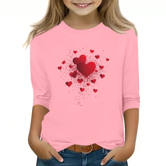 Riecok 3/4 Sleeve T Shirts for Girls Valentine's Day Crewneck Tops Blouses Heart Print Loose Summer Tees