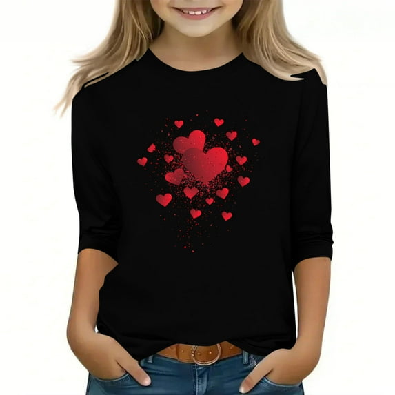 Riecok 3/4 Sleeve T Shirts for Girls Valentine's Day Crewneck Tops Blouses Heart Print Loose Summer Tees