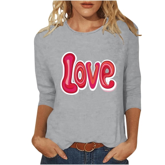 Riecok 3/4 Sleeve T Shirts for Women Valentine's Day Crewneck Pullover Lightweight Tunic Tops Cozy Holiday Blouses
