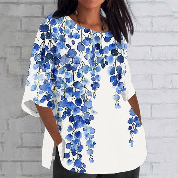 Riecok 3/4 Sleeve T-Shirts round Neck Summer Indoor and Outdoor Loose Casual Loose Cotton Printing Blue L