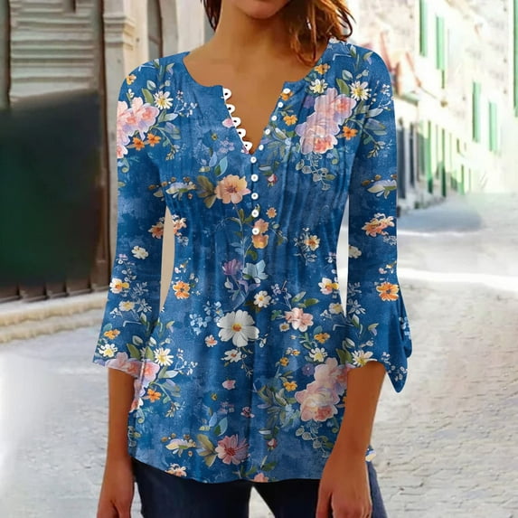 Riecok 3/4 Sleeve Tee Shirts for Women Summer Blouse Loose Printed Daily Outdoor and Home Dating V-Neck 3/4 Sleeve Comfortable Fashion Blue XL