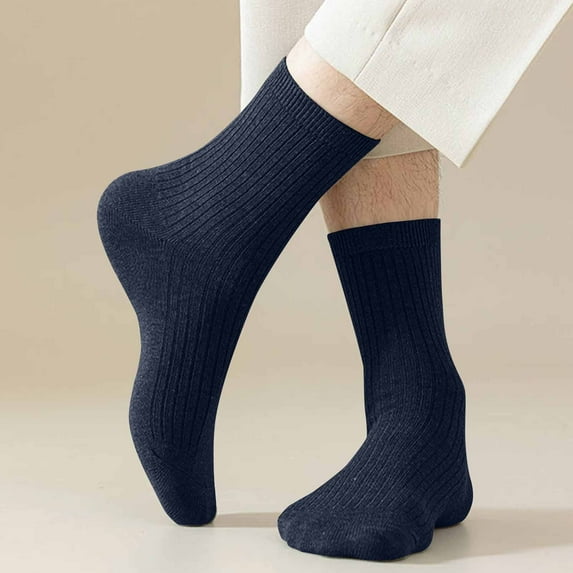 Riecok 5 Pairs Mens Dress Socks Lightweight Cushioned Crew Socks Mid Calf Stretched Breathable Winter Warm Knit Socks for Travel Hiking and Running