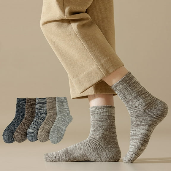 Riecok 5 Pairs Mens Dress Socks Lightweight Cushioned Crew Socks Mid Calf Stretched Breathable Winter Warm Knit Socks for Travel Hiking and Running