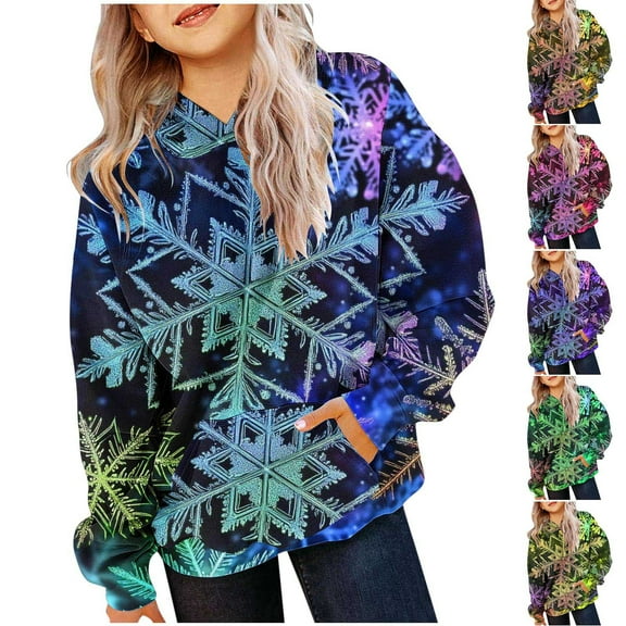 Riecok Hoodie Sweatshirts for Girls Long Sleeve With Pockets Round Neck Trendy Casual Xmas Prints Kids Warm Winter Hoodies Pullover Hooded Sweatshirt Blue 5 T