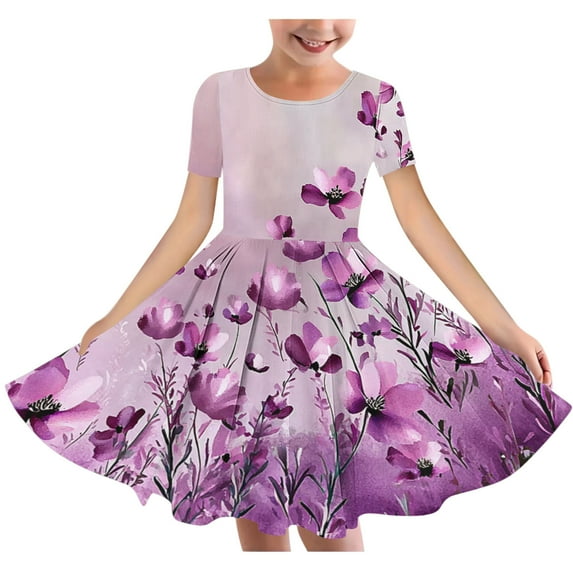 Riecok 6 - 15 Year - Old Girls' Summer Round - Neck Short - Sleeve Floral - Element Dress with Waist - Gathering, Pocket and Layered Look Multicolor 13-14 Years