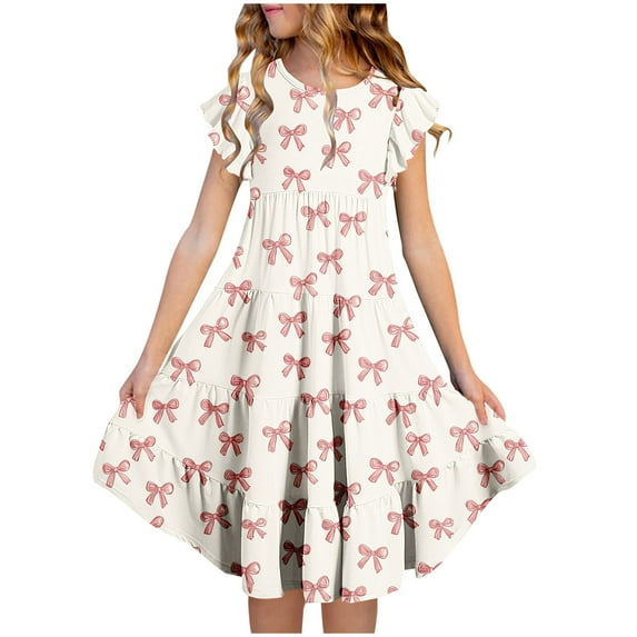 Riecok 6 - 15 Year - Old Girls' Summer Short - Sleeve Round - Neck Floral - Element Printed Waist - Gathering Pocketed Layered Dress Multicolor 10-11 Years