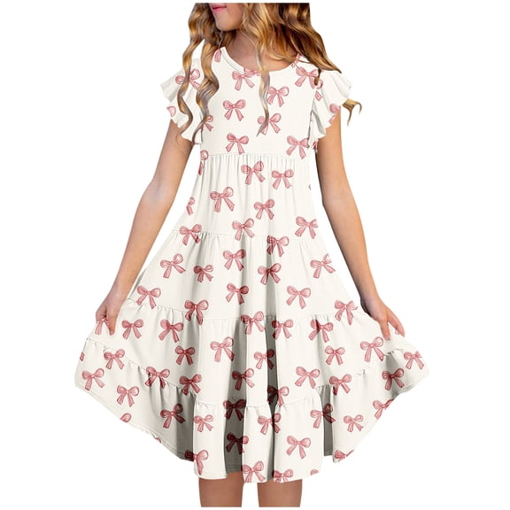 Riecok 6 - 15 Year - Old Girls' Summer Short - Sleeve Round - Neck Floral - Element Printed Waist - Gathering Pocketed Layered Dress Multicolor 10-11 Years