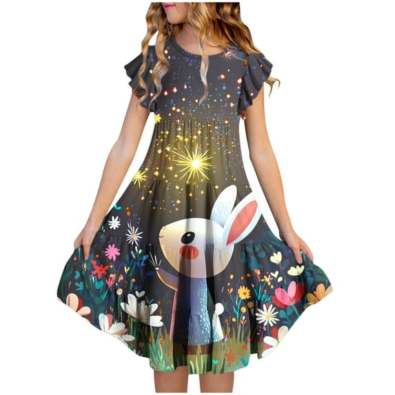 Riecok 6 - 15 Years Old Girls' Summer Short - Sleeved Round - Neck Easter - Printed Waist - Gathering Pocket Tiered Dress Multicolor 12-13 Years