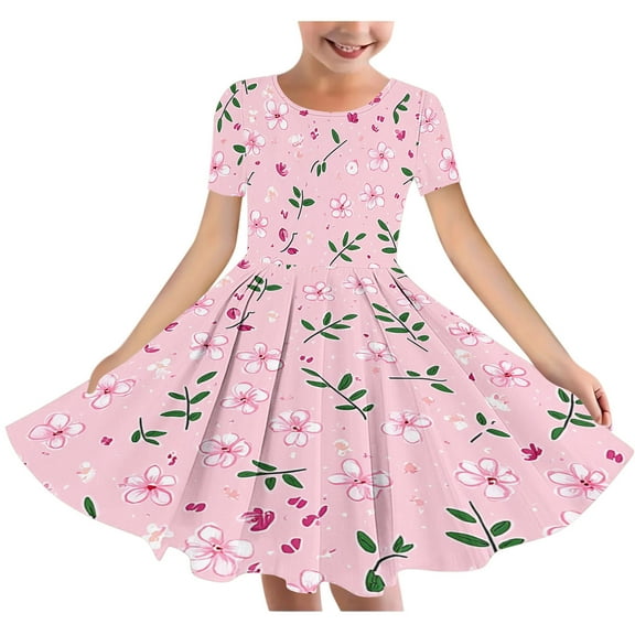 Riecok 6 - 15 Years Old Girls' Summer Short - Sleeved Round - Neck Easter - Printed Waist - Gathering Pocket Tiered Dress Multicolor 13-14 Years