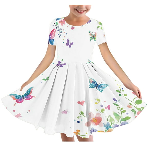 Riecok 6 - 15 Years Old Girls' Summer Short - Sleeved Round - Neck Easter - Printed Waist - Gathering Pocket Tiered Dress Multicolor 4-5 Years