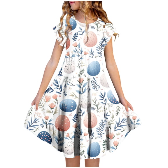 Riecok 6 - 15 Years Old Girls' Summer Short - Sleeved Round - Neck Easter - Printed Waist - Gathering Pocket Tiered Dress Multicolor 6-7 Years