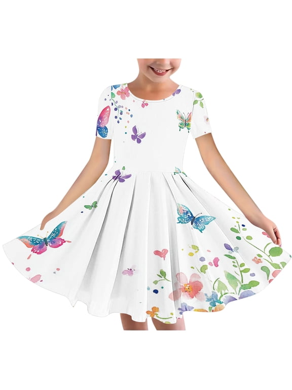 6 - 15 Years Old Girls' Summer Short - Sleeved Round - Neck Easter - Printed Waist - Gathering Pocket Tiered Dress Multicolor 7-8 Years