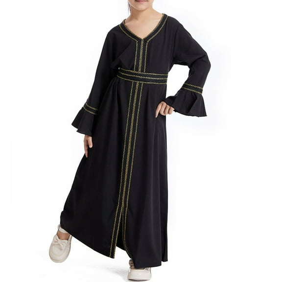 Riecok (6 Months-6 Years) Muslim Girls Solid Color Long Sleeve Lace Dress Robe, Long Sleeve V Neck Ankle Length Dress, Islamic Kids Dress Black 7 Years