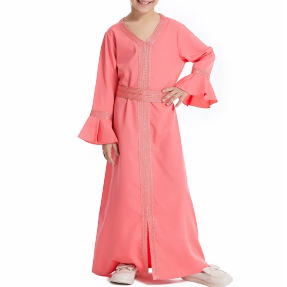 Riecok (6 Months-6 Years) Muslim Girls Solid Color Long Sleeve Lace Dress Robe, Long Sleeve V Neck Ankle Length Dress, Islamic Kids Dress Red 9 Years