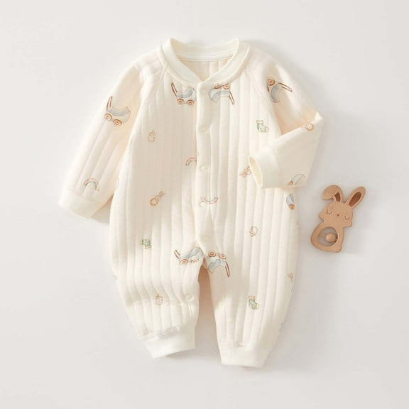 Riecok Baby Boy Cotton Romper Button up Front Long Sleeve Cute Print Comfortable Romper Jumpsuit for Infant ﻿ White 12-18 Months