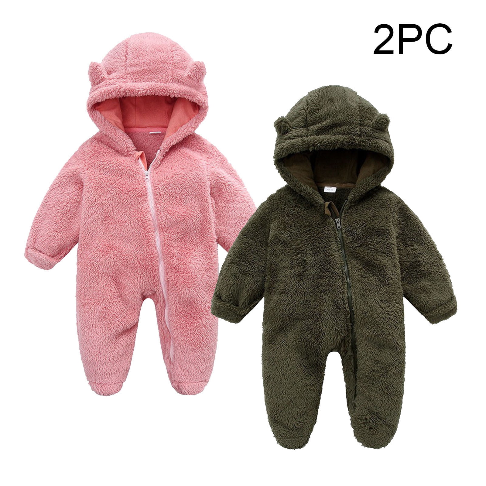 Riecok Baby Boy Girls Winter Warm Rompers Fleece Thick Jumpsuit Cute Bear Ears Hooded Solid Footed Sleepers Infant Onesies Army Green 9 Months