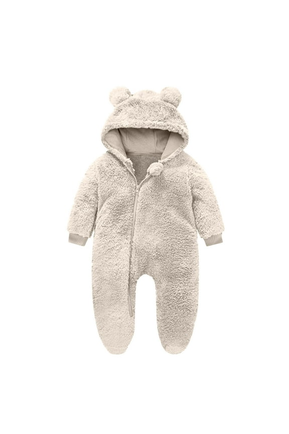 Baby Boy Girls Winter Warm Rompers Fleece Thick Jumpsuit Cute Bear Ears Hooded Solid Footed Sleepers Infant Onesies Beige 3 Months