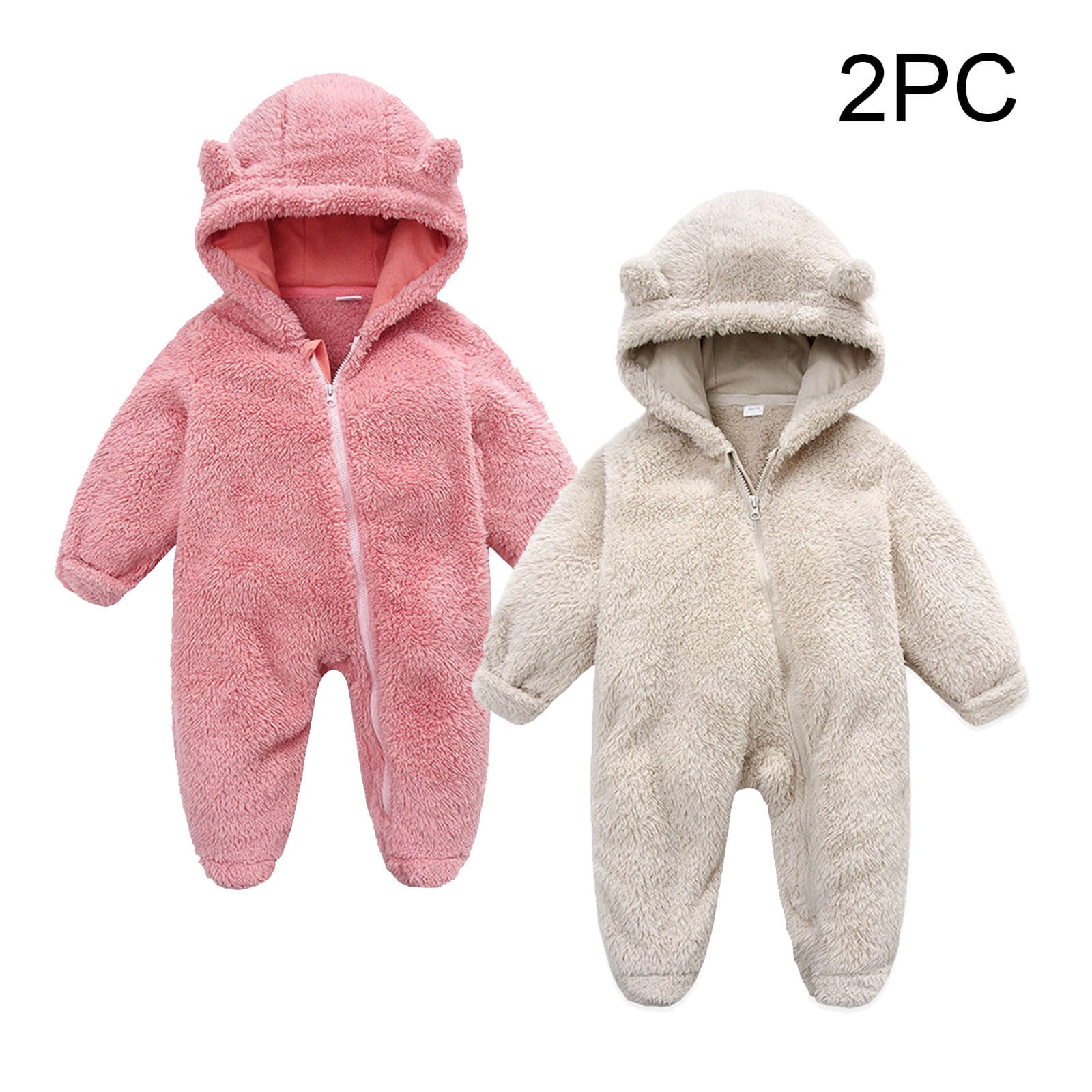 Riecok Baby Boy Girls Winter Warm Rompers Fleece Thick Jumpsuit Cute Bear Ears Hooded Solid Footed Sleepers Infant Onesies Beige 9 Months