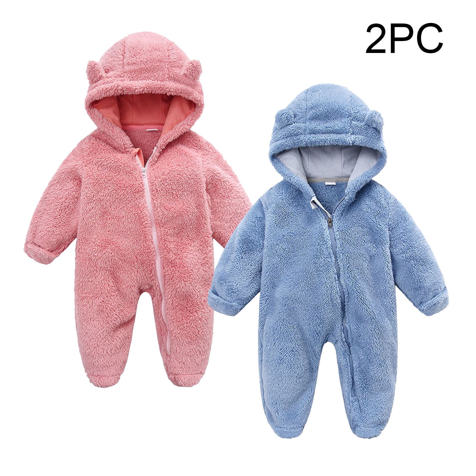 Riecok Baby Boy Girls Winter Warm Rompers Fleece Thick Jumpsuit Cute Bear Ears Hooded Solid Footed Sleepers Infant Onesies Blue 6 Months