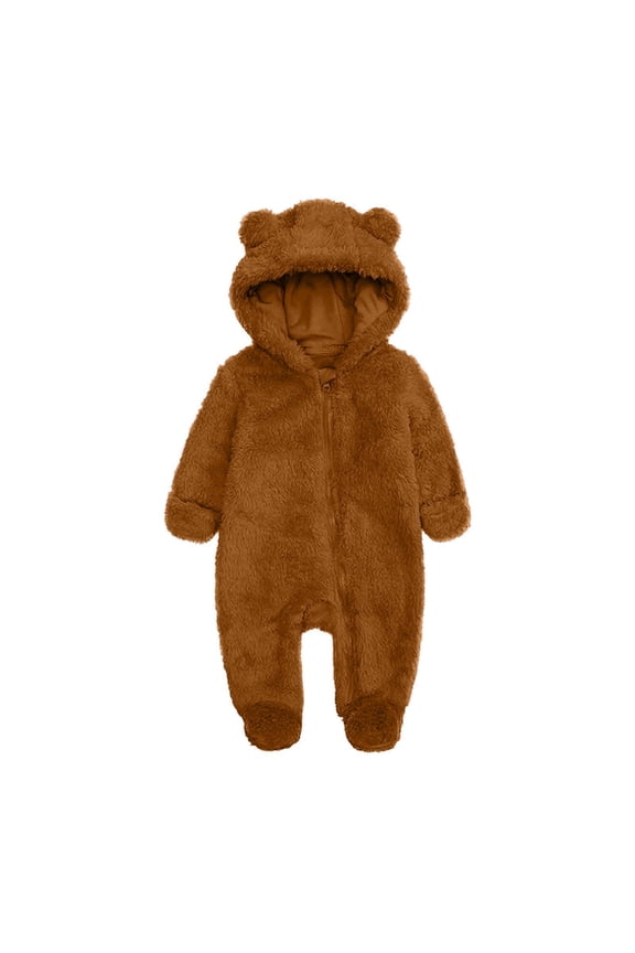 Baby Boy Girls Winter Warm Rompers Fleece Thick Jumpsuit Cute Bear Ears Hooded Solid Footed Sleepers Infant Onesies Brown 3 Months