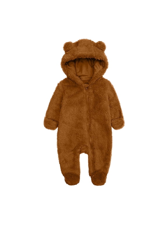 Baby Boy Girls Winter Warm Rompers Fleece Thick Jumpsuit Cute Bear Ears Hooded Solid Footed Sleepers Infant Onesies Brown 3 Months