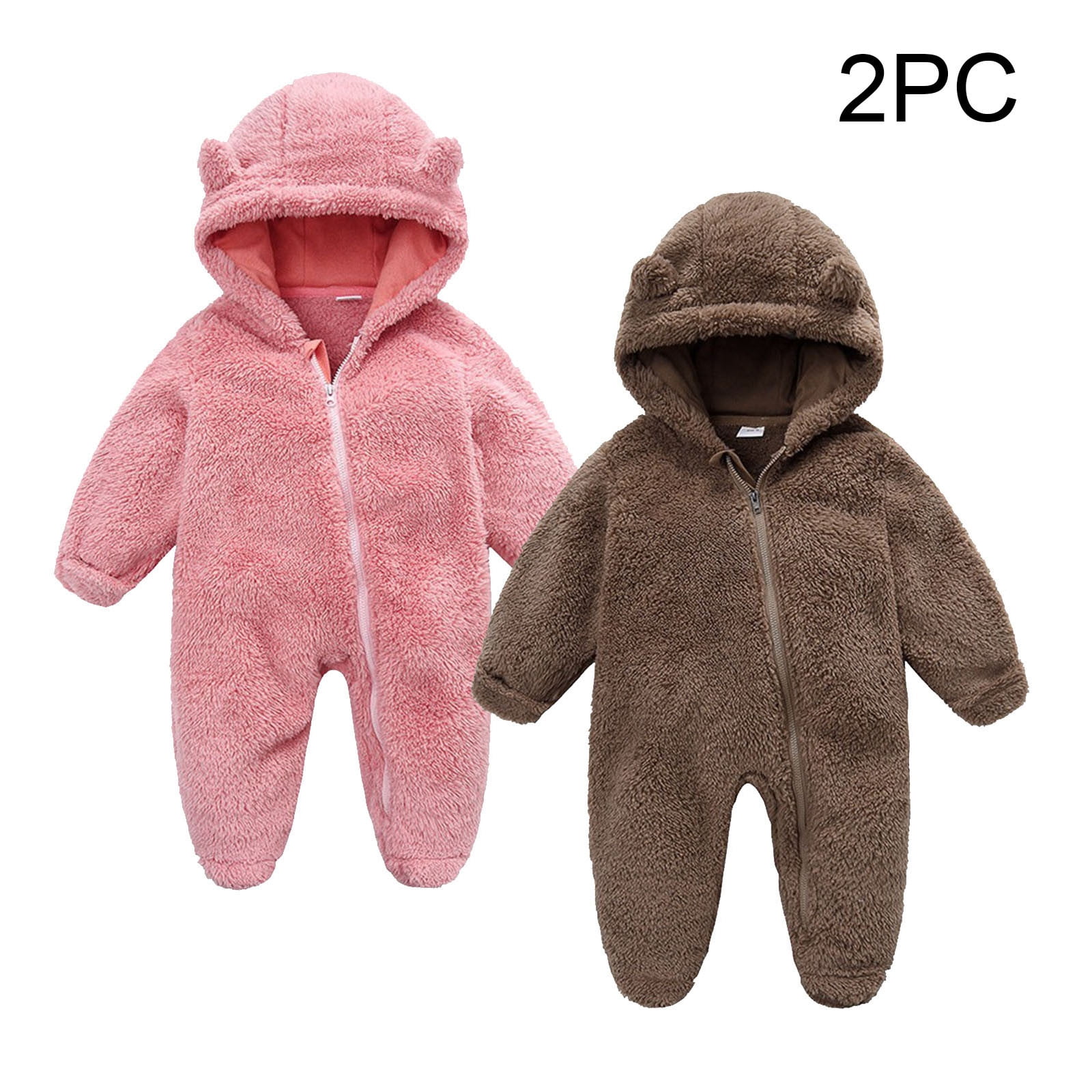 Riecok Baby Boy Girls Winter Warm Rompers Fleece Thick Jumpsuit Cute Bear Ears Hooded Solid Footed Sleepers Infant Onesies Coffee 12 Months