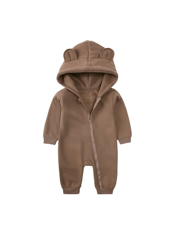 Baby Boy Girls Winter Warm Rompers Fleece Thick Jumpsuit Cute Bear Ears Hooded Solid Footed Sleepers Infant Onesies Coffee 9 Months