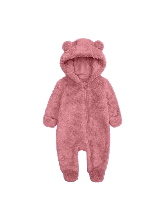 Baby Boy Girls Winter Warm Rompers Fleece Thick Jumpsuit Cute Bear Ears Hooded Solid Footed Sleepers Infant Onesies Pink 3 Months