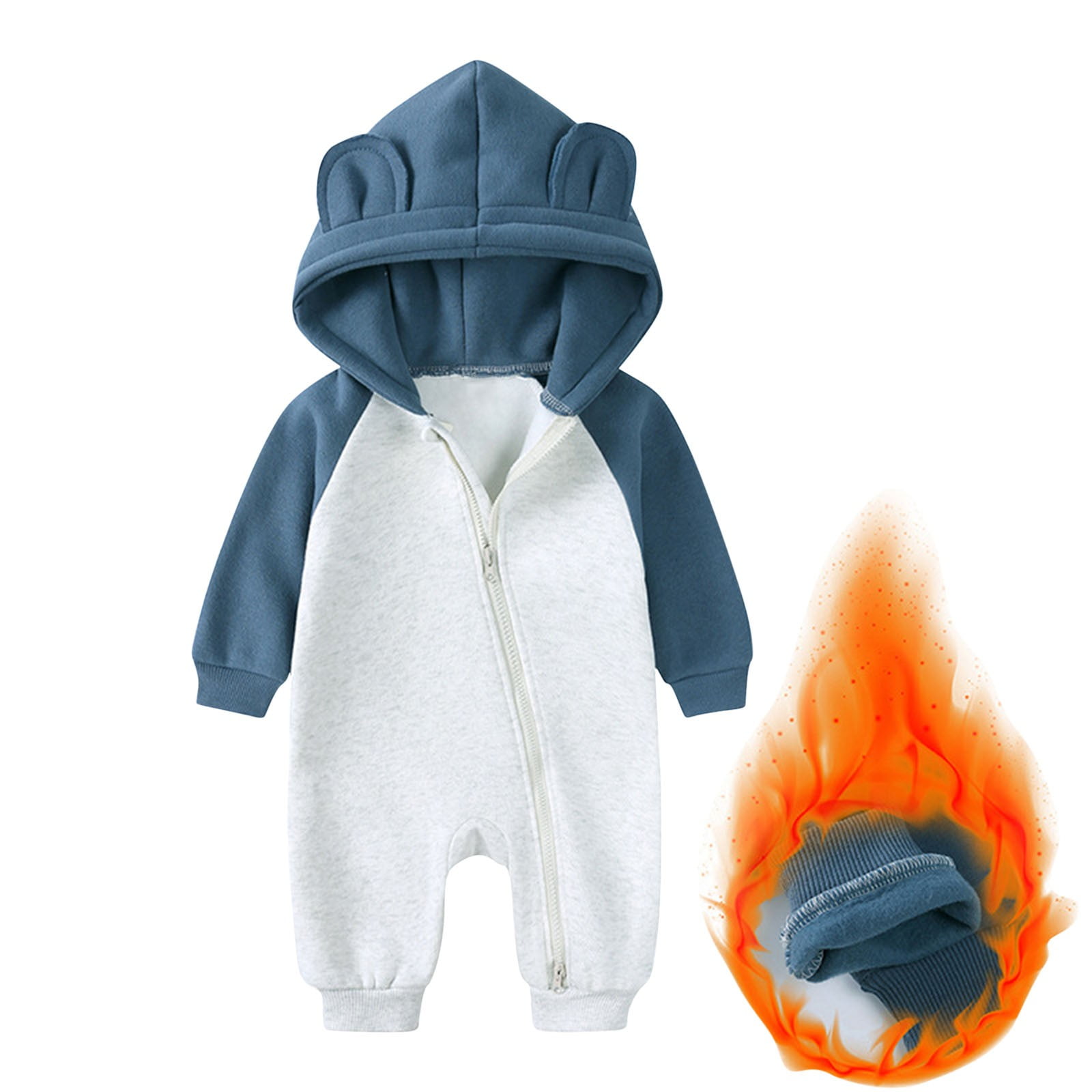 Riecok Baby Boy Girls Winter Warm Rompers Fleece Thick Onesie Cute Bear Ears Hooded Winter Infant Clothes Blue 6 Months