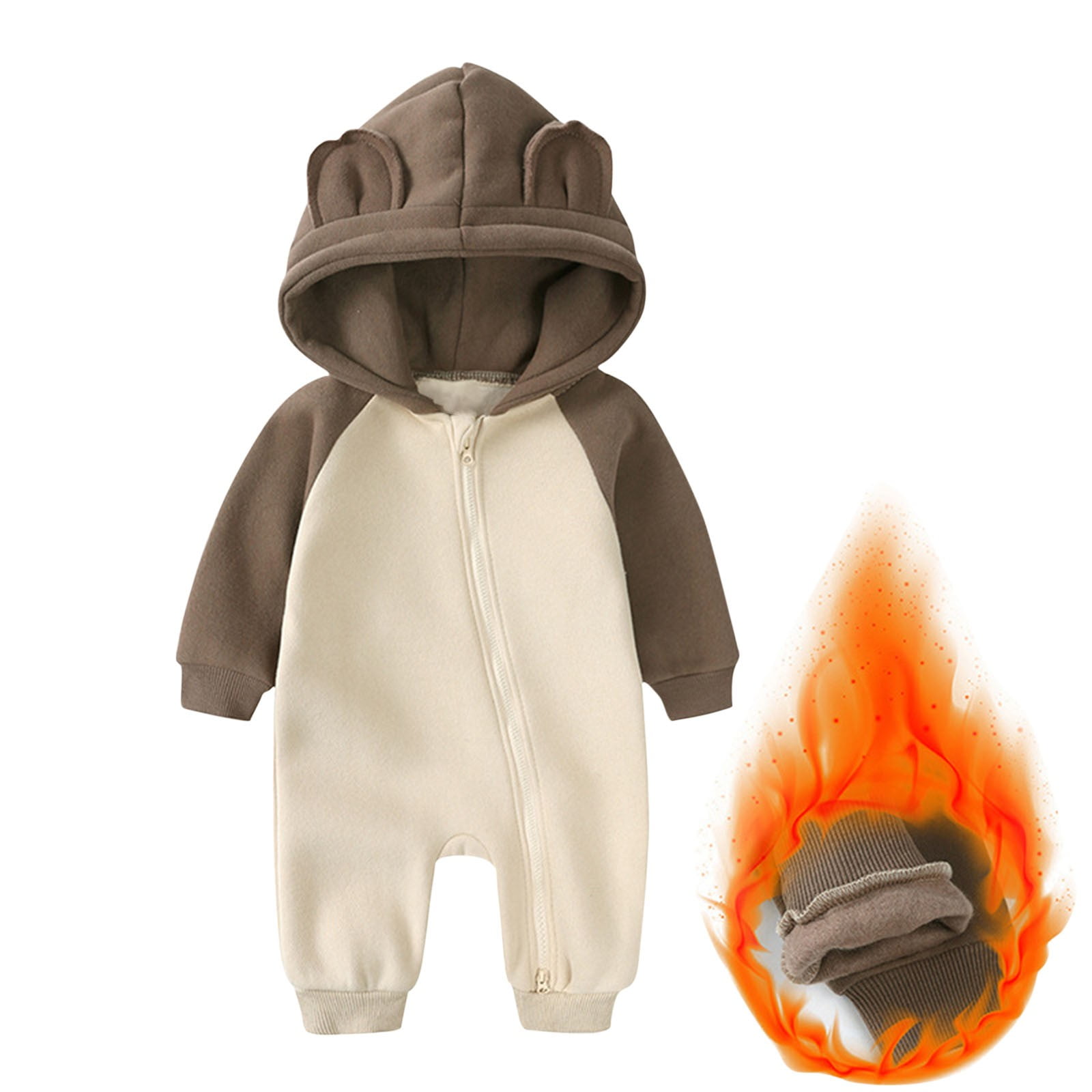 Riecok Baby Boy Girls Winter Warm Rompers Fleece Thick Onesie Cute Bear Ears Hooded Winter Infant Clothes Brown 9 Months