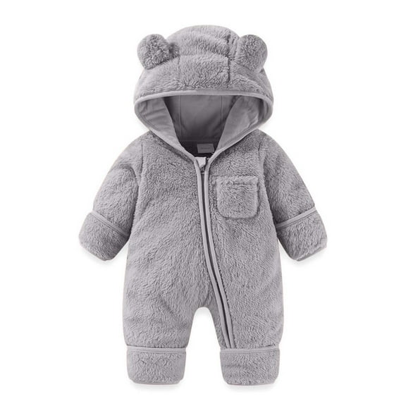 Riecok Baby Boy Girls Winter Warm Rompers Fleece Thick Onesie Cute Bear Ears Hooded Winter Infant Clothes Gray 9 Months