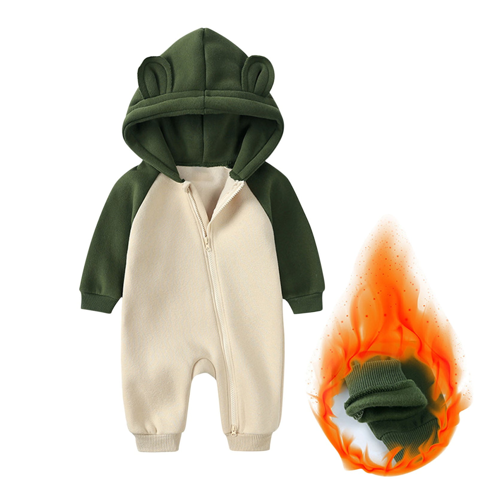 Riecok Baby Boy Girls Winter Warm Rompers Fleece Thick Onesie Cute Bear Ears Hooded Winter Infant Clothes Green 0 Months